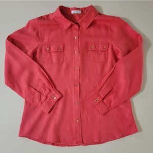 Calvin Klein Women's Red Orange Linen  Long Sleeve Button-Down Blouse